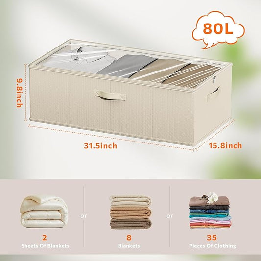 10inch 3 Pack Under Bed Storage Containers, 10 Inch Tall Underbed Clothes Storage Organizer Bin with Clear Window,Foldable Box Basket for Clothes, Closet, Bed Sheets and Blankets Beige