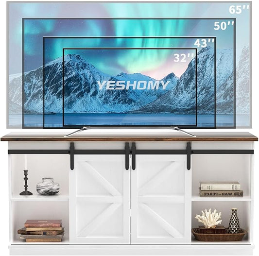 YESHOMY Farmhouse TV Stand for Televisions up to 65 Inches, Sliding Barn Doors and Storage Cabinets, Console Table and Media Furniture for Living Room, 58 Inch, White