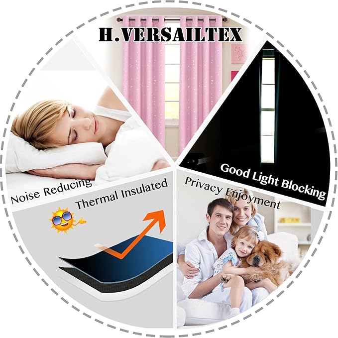 H.VERSAILTEX Blackout Star Curtains for Kids Room Boys Girls Twinkle Silver Stars Full Light Blocking Cute Thick Soft Curtain Drapes, Grommet Top, 2 Panels, 52" W x 63" L, Pink