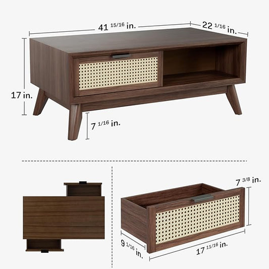 Bme Solid Wood Jasper Coffee Table with Storage, Accent Rattan Design, Perfect for Living Room, Walnut