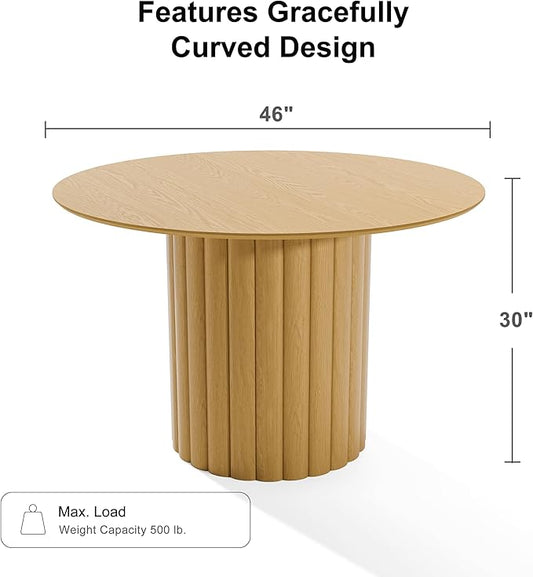 Casaphoria 46" Round Dining Table, Modern Wood Kitchen Table with Cylindrical Wide Bar Protruding Base for Living Room & Dining Room, Easy Assembly Farmhouse Furniture for 4-6, Oak