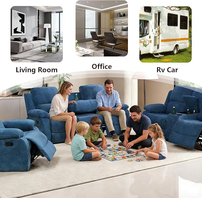 Fabric Recliner Sofa Set - Modern Manual Reclining Living Room Furniture With Cup Holders & Storage Console (Blue, 3 PCS Set)