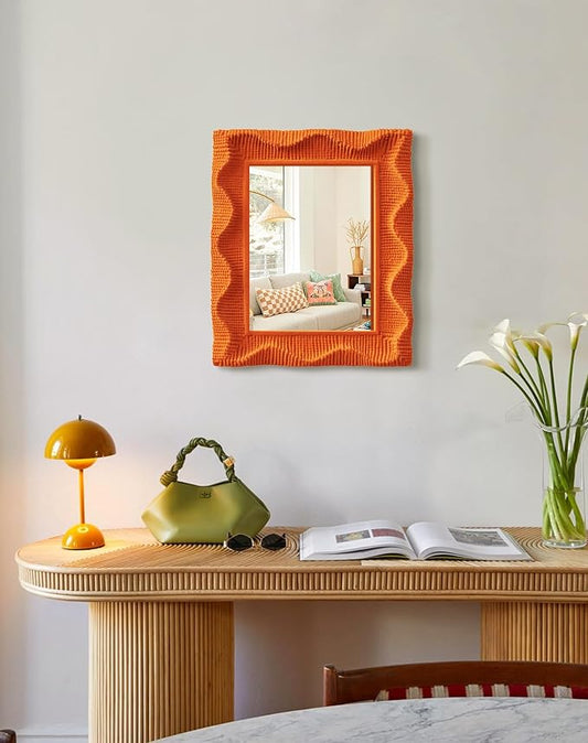 Wavy Wall Mirror with Soft Flocking Touch, 14x12 Resin Decorative Wall Mirror for Bedroom Bathroom Living Room Modern Aesthetic Decor, Trendy Accent Mirrors for Girl Teens Gift (Orange)