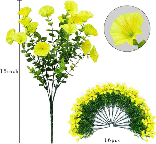 LikSoor 16 Bundles Artificial Flowers Outdoor Spring Summer Decoration Fake Silk Colorful Daisy Eucalyptus Realistic UV Outside Faux Plants for Garden Porch Window Box Home Decor Morning Glory Yellow
