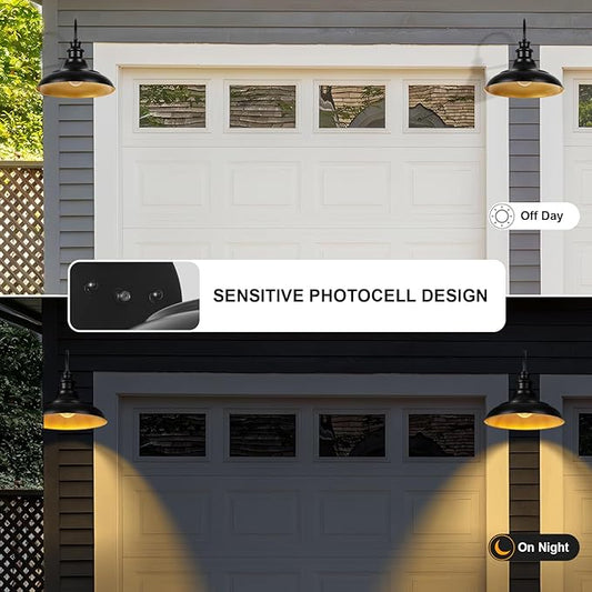 Dusk to Dawn Sensor Outdoor Barn Light Fixtures, 16 Inch Dome Farmhouse Outdoor Wall Sconces, Rustic Exterior Wall Mount Lights, Industrial Black Gold Wall Lanterns for Porch, 2 Pack