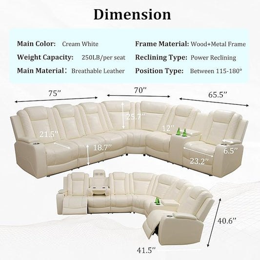 Power Recliner Sectional Sofa with LED, Breathing Leather Reclining Sectional Couch, L Shaped Couch with Dual Recliners, USB Port, Cup Holder&Storage (Cream White Pro, Sectional+Loveseat(8 Seats))