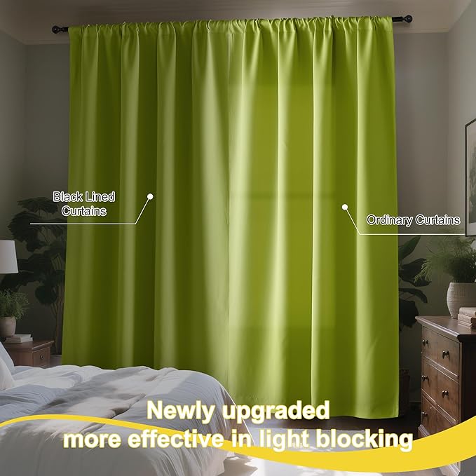 NICETOWN 100% Blackout Curtains for Bedroom, Fresh Green 2 Pieces W52 x L84 Energy Efficient & Thermal Insulated Drapes, Rod Pocket Black Lined Window Treatment Panels for Patio Sliding Glass Door