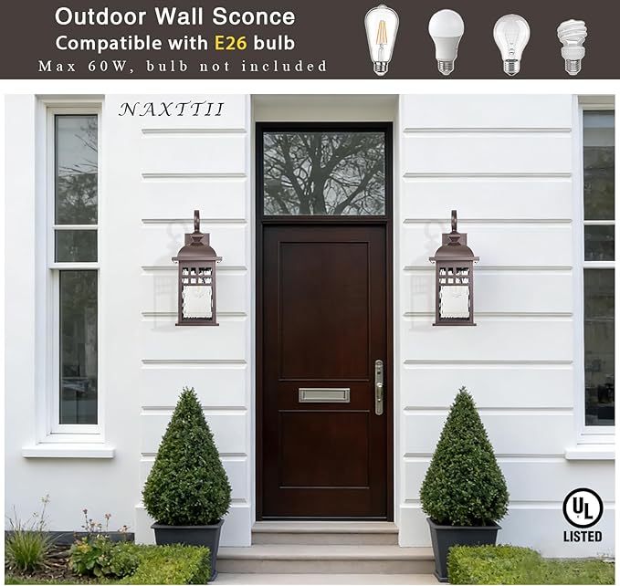 2-Pack Outdoor Wall Lights Fixtures ORB Finish Aluminum Porch Lights Outdoor with Water Ripple Glass Waterproof Outside Lights for House Front Door Garage E26 Socket