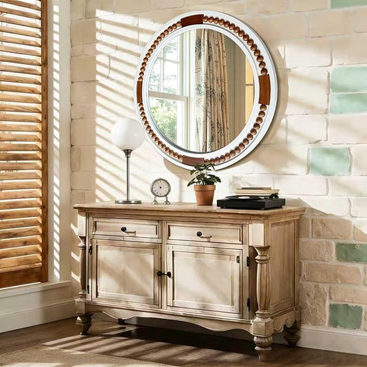 32 Inch Round Boho Wall Mirror, Large Rustic Coastal Wall Decor with White Wood Frame and Brown Bead Accents,Farmhouse Decorative Mirror for Entryway, Bedroom, Living Room