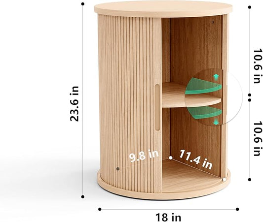 LINSY HOME Round End Table, Fluted Side Table with Sliding Tambour Door and Storage Shelf, Mid Century Modern Circular Nightstand for Bedroom, Wood Boho Tall Bedside Cabinet for Small Space, Oak