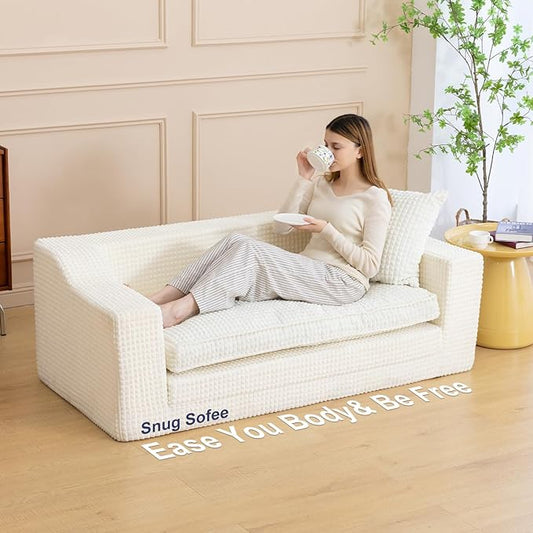 61" Convertible Sofa Bed Loveseat, Memory Foam Boneless Floor Couch with Removable Corduroy Cover, Tri-folding Compact Full-size Sleeper for Small Living Room, Playroom, Guest Room, RV (White) | Convertible Sofa Bed, Premium Memory Foam, Ergonomic Desi...
