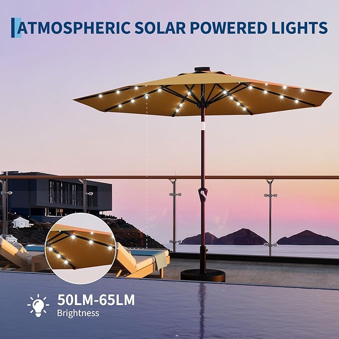 Garvee 9FT Solar Patio Umbrella with 32 LED Lights - Outdoor Table Umbrella with Crank Lift, Push Button Tilt and 8 Sturdy Ribs - Market Umbrella UV Protection for Pool, Deck, Yard, Garden -Yellow