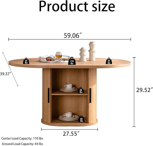 KEIKI Dining Table for 4-6, 59 Inch Modern Dining Room Table with 2-Layer Storage Shelf and Wood Slide Door, Oval Circle Dinner Furniture with Pedestal Base for Dining Room