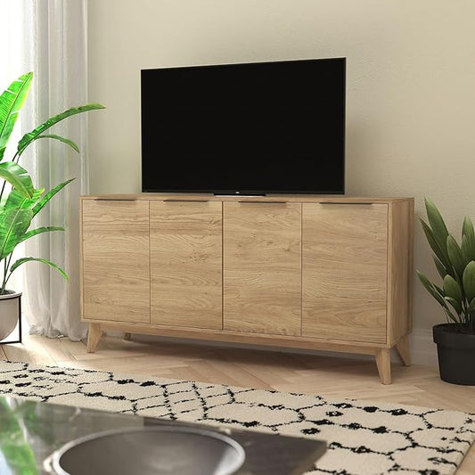 Flash Furniture Hatfield Mid-Century Modern 4 Door Storage Buffet - Light Natural Sideboard - 60 Inches - Soft Close Doors - Adjustable Shelves - Holds up to 64" TV's