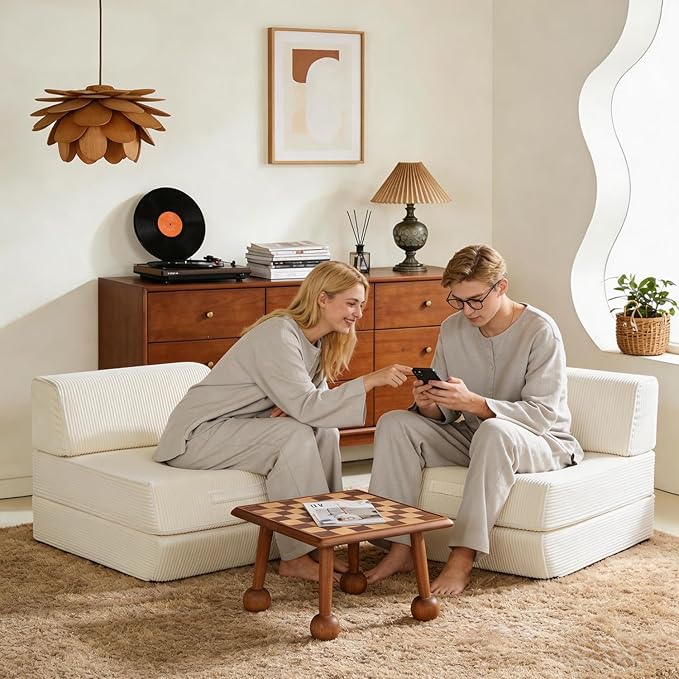 Trenda Folding Sofa Bed, 16lbs Convertible Sleeper Chair with Removable Back Pillow & Handle, Washable Cover Solid Foam Fold Out Chair Bed for Living Room, Apartment, Guest, Single, Beige