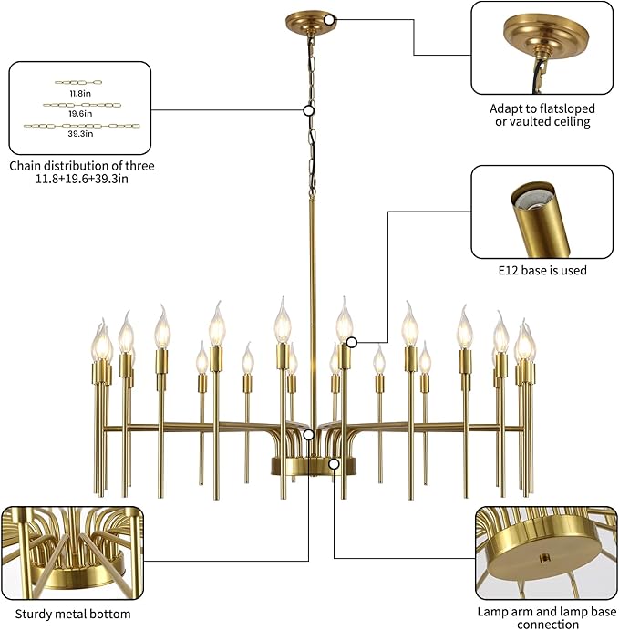 Gold Chandelier 24 Light Large Modern Farmhouse Chandeliers for Dining Room Light Fixture, 40" Round Candle Large Chandeliers for High Ceilings Living Room Foyer Entryway