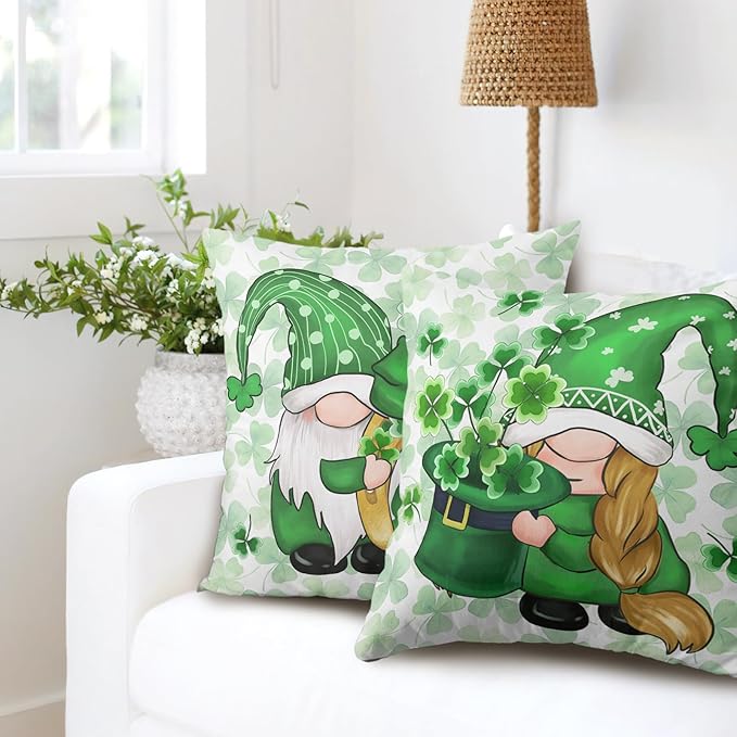 St Patricks Day Gnomes Throw Pillow Covers 16x16 Set of 2 Green Lucky Shamrock Decorative Pillow Cover St. Patrick's Clovers Bow Hat Cushion Cases Spring Rustic Outdoor Pillowcase for Couch Sofa