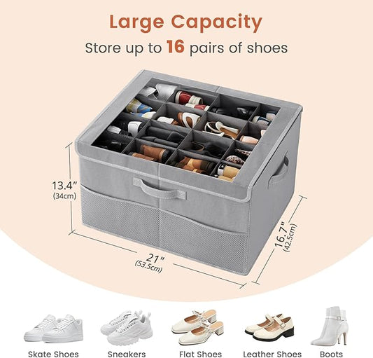 PHINOX Shoe Organizer for Closet, Fits up to 16 Pairs, Shoe Storage Bins with Clear Cover and Reinforced Handles, Foldable Shoe Storage Organizer, Space Saving Shoe Holder for Wardrobe, 2 Pack Grey