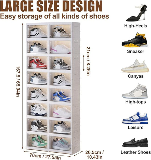Shoe Box Foldable Storage Box Installation-free Clear Plastic Stackable Shoe Storage Cabinet Shoe Organizer Shoe Container Box with Lids Large Size Shoe Rack (8 Tiers 16 Pairs)