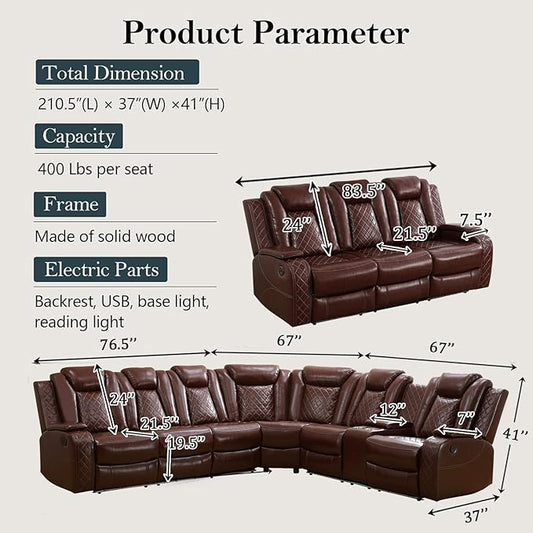 Power Recliner Sectional Sofa Set, Brown Leather Sectional Couch and 3 Seater Sofa for Living Room, L Shape Reclining Sofa with Cup Holder, Hidden Storage, Coffee Table for House(9 Seat)