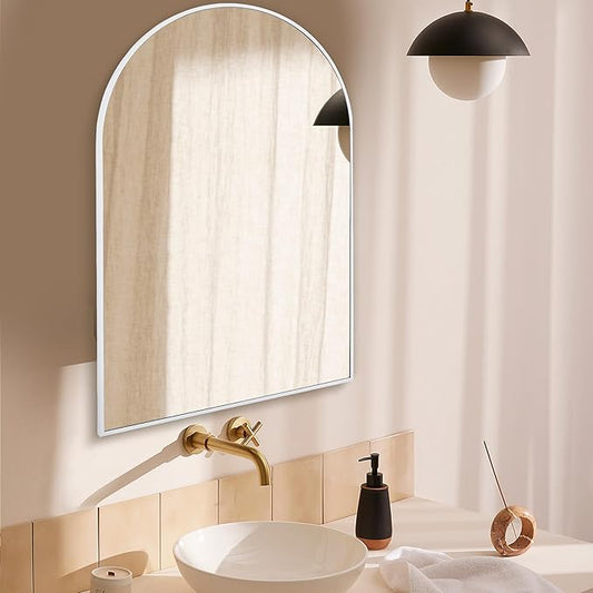 Arched White Bathroom Mirror,20 x 30 Inch Arch Wall Mirror with Wood Frame,Vanity Modern Tempered Glass Mirror for Bedroom,Entryway,Living Room