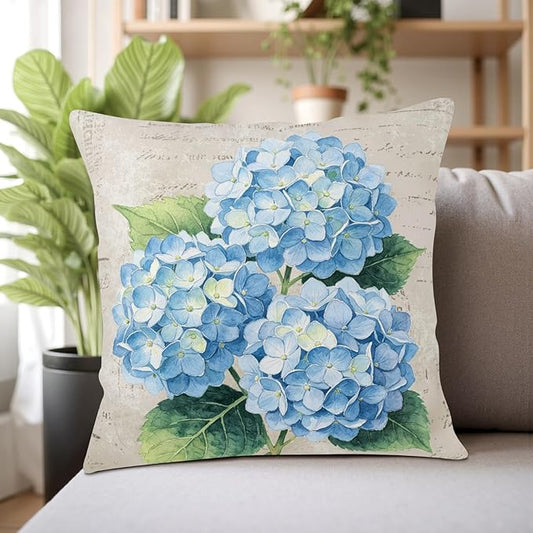 Vintage Blue Hydrangea Pillow Covers 20x20 Set of 2 Spring Summer Floral Outdoor Decorative Throw Pillow Cases Rustic Flowers Farmhouse Cushion Cover for Couch Sofa Porch Home Decor