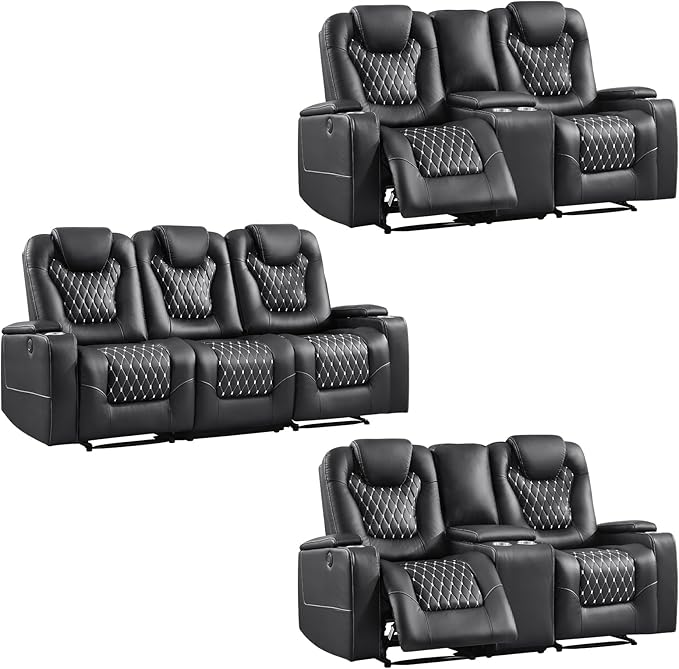 ANJ Power Recliner Sofa Set, Faux Leather Reclining Couch Sets for Living Room, Included 2PC Loveseat Sofa and 3 Seat Recliner Sofa, Black