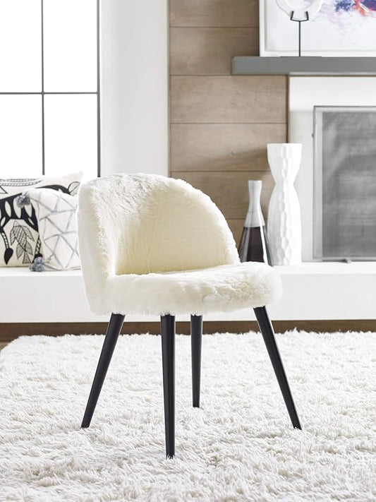 Elle Decor Cami Vanity Chair, Upholstered Armless Single Seat Plush Accent for Living Room, Home Office Desk or Bedroom, Mid Century Modern Tapered Legs, Cream Faux Fur