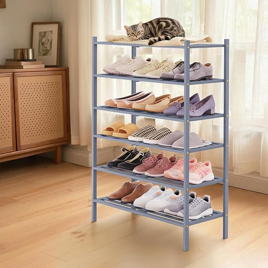 Smiry Bamboo Shoe Rack 6-Tier, Stackable Wooden Shoe Organizer for Entryway & Closet, Free Standing Wood Shoe Storage Shelf for Front Door & Small Spaces, Grey