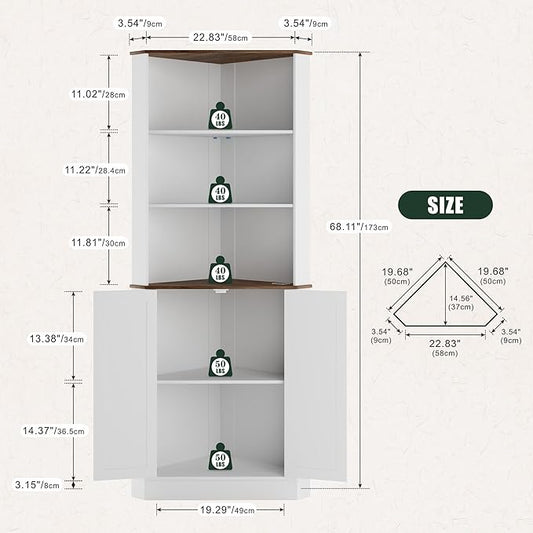 Farmhouse Corner Cabinet with LED Light, 67" Tall Bathroom Cabinet with 2 Doors and 3 Tier Shelves, Free Standing Corner Storage Cabinet for Living Room or Kitchen, White