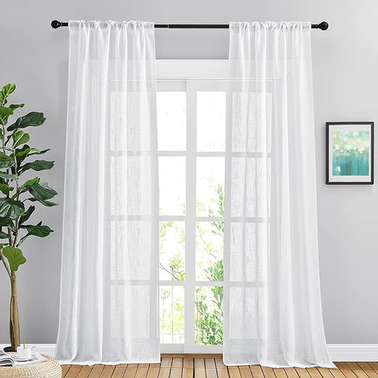 NICETOWN White Semi Sheer Curtains 102 inches Long for Living Room, Rod Pocket & Back Tab Faux Linen Window Treatments Privacy with Light Filtering for Kids Room, W42 x L102, 2 Panels