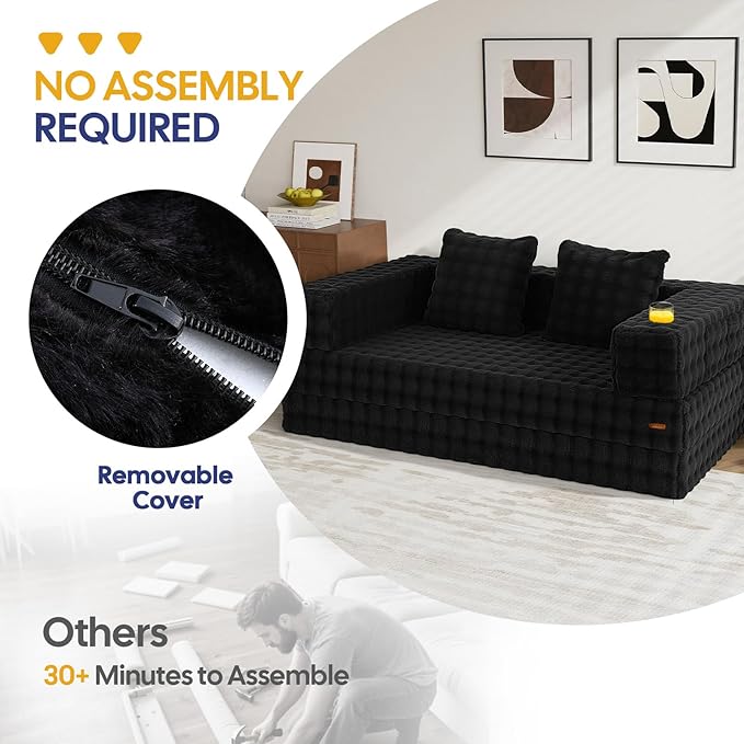 COMAX Futon Sofa Bed, 4‑in‑1 Convertible Sofa Bed, Folding Boneless Couches for Living Room, Fold Out Small Foldable Loveseat Floor Sleeper Comfy Mattress Lounge Space‑Saving, Dark Black | 4-in-1 Convertible, Folding Boneless, Space-Saving, Floor Sleep...