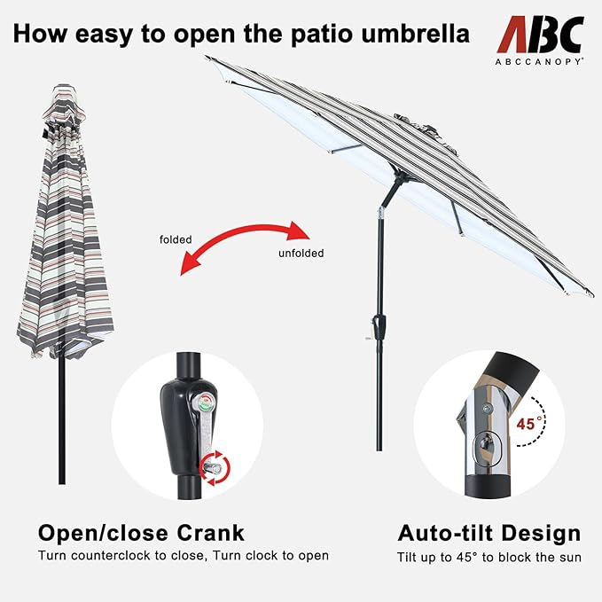 ABCCANOPY 10FT Patio Umbrella, Outdoor Waterproof Table Umbrella with Push Button Tilt and Crank, 8 Ribs UV Protection Pool Umbrella for Garden, Lawn, Deck & Backyard(Dark Blue Stripes)