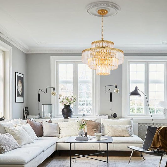 Modern Crystal Chandelier Light Pendant Ceiling Lamp 4-Tier Chandeliers Lighting Fixture for Dining Living Room Foyer Hallway 6-Lights Gold (Dia 20 Inch)