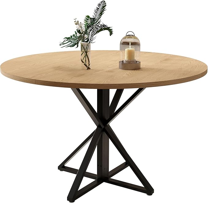 IDEALHOUSE 47 Inch Round Dining Table for 4, Farmhouse Kitchen Table with Metal K-Base, Oak Finish Circle Wood Table for Dining Room, Kitchen, Apartment & Living Room (Table Only)