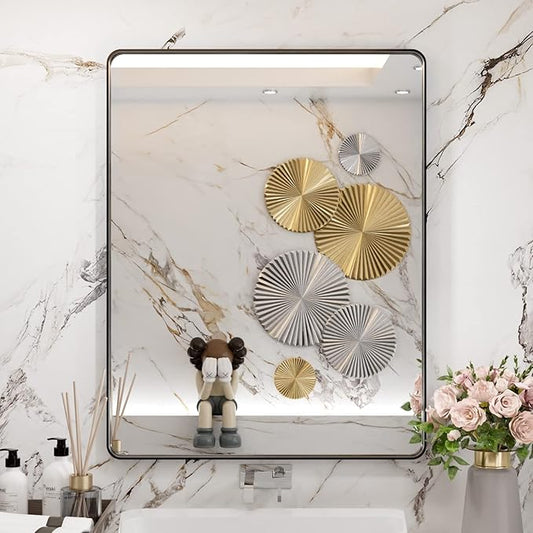 WEER Black Bathroom Mirror for Wall 28X36 Inch, Rectangular Black Metal Framed Vanity Mirror, Farmhouse Bathroom Mirror with Tempered Glass, Rounded Corner, Anti-Rust (Horizontal/Vertical)