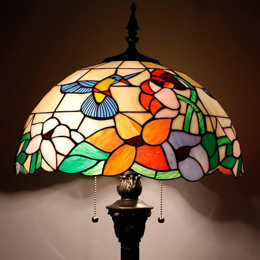 WERFACTORY Tiffany Floor Lamp Hummingbird Amber Stained Glass Standing Reading Light 16X16X64 Inches Antique Pole Corner Lamp Decor Bedroom Living Room Home Office S101 Series