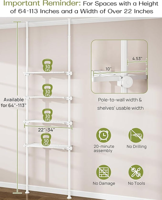 ALLZONE Adjustable Over The Toilet Storage Shelf, 4-Tier Ample Over Toilet Bathroom Organizer and Storage,Tension Mounted Above Toilet Storage Cabinet for Versatility, Fits 64-113 Inch Heights, White