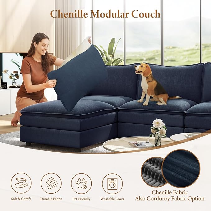 Vesgantti 108" Sectional Sleeper Sofa, 6-Seater Oversized Modular Cloud Couch with Movable Ottoman, Chenille Large Sofa Bed Convertible Deep Seat Couches for Living Room, Bedroom and Apartment, Blue | Sink-in Comfort, Height Adjustable, Easy Rearrangem...