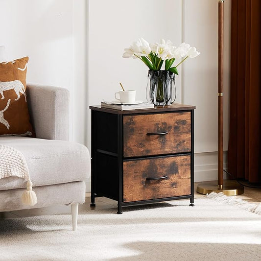 NEWBULIG Nightstand with 2 Fabric Drawers Small Dresser 25 Inch Tall Bedside Table End Table Storage Furniture for Bedroom Closet Entryway College Dorm Brown