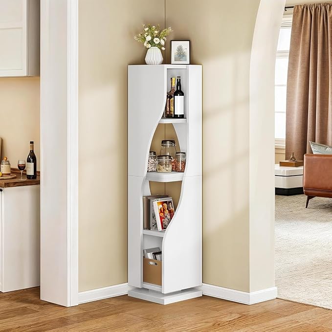 YITAHOME Bookcase Corner Bookshelf, Small 4-Tier Rotating Bookshelf, 360 Display Bookcase Spinning Tower Narrow Shelf Organizer Storage Showcase Cabinet for Living Room, Study Room, White