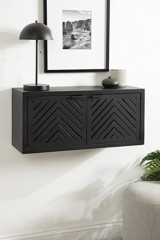 Kate and Laurel Mezzeta Decorative 2-Door Wall Cabinet; 30 x 10 x 14; Black; Decorative Modern Storage Cabinet with Doors