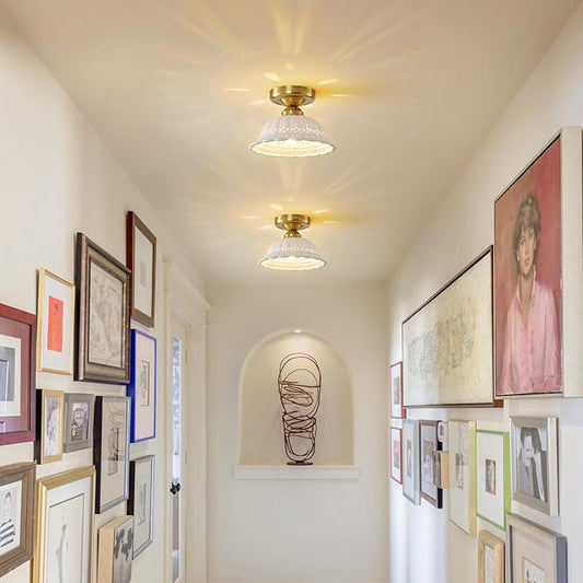 Vintage Ceramic Semi Flush Mount Ceiling Light - 2 Pack, Gold Hallway Light Fixture, Mid Century Small Close to Ceiling Lamp,Unique Flush Lighting Fixtures for Entryway Laundry Room Kitchen Cottage