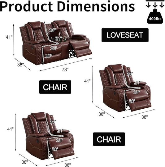 Power Leather Recliner Sofa Set with LED Light,Reclining Loveseat and 2*Chairs Set with Storage Console/USB Port/Cup Holder,Leather Couch for Living Room Furniture Sets(2+1+1 Seats,Burgundy)