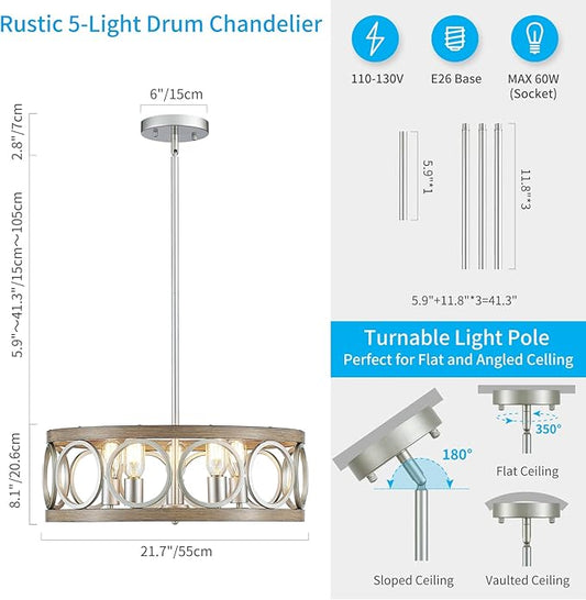 XINGQI 21.7" Drum Chandelier, Farmhouse Dining Room Light Fixture, Wood Grain Brushed Nickel Kitchen Lighting 5 Light with Round Metal Shade Vintage Hanging Light for Living Room Bedroom