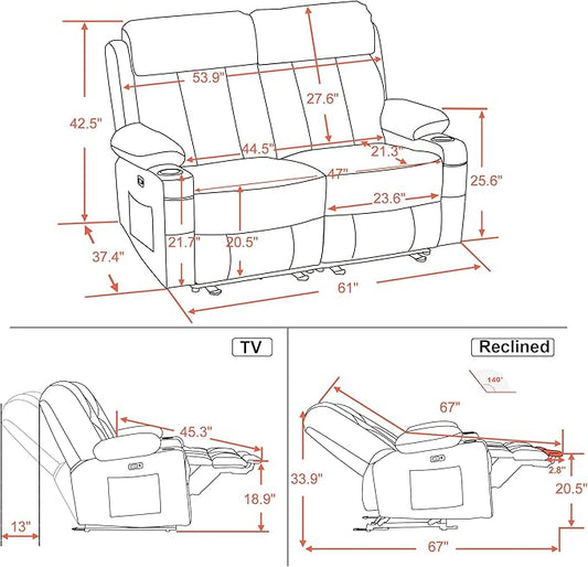 MCombo Zero Gravity Loveseat Recliner with Heat and Massage, Power Reclining Sofa for Living Room, Faux Leather 6075 (Black, Loveseat Recliner)