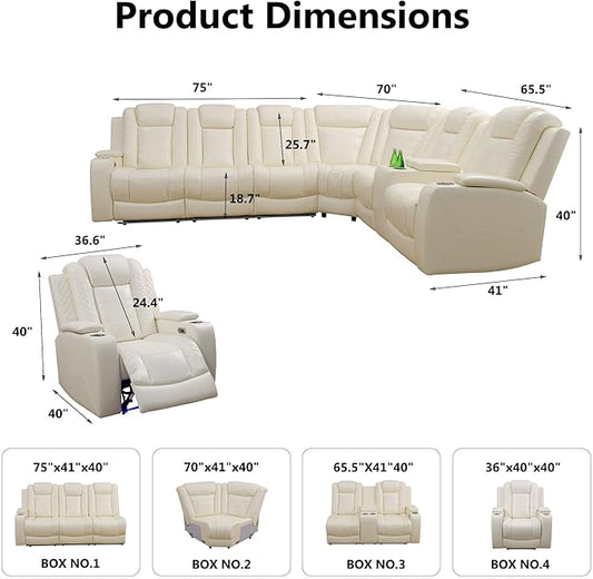 Air Leather Recliner Sectional Sofa Set, Power Reclining Sectional Couch for Living Room, L Shaped Recliner Corner Couch and Single Chair with LED Lighting, USB Port&Storage (Cream White Pro)