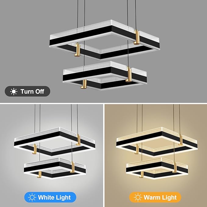 Modern LED Chandelier with Remote Control 2 Ring Dimmable 3 Color Black Gold Adjustable Pendant Light Square Chandelier Dining Light Fixture for Kitchen Bedroom Ceiling Hanging