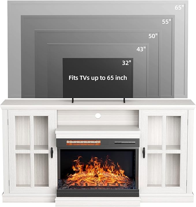 YESHOMY Glass Fireplace TV Stand for TVs up to 65 Inch, Media Entertainment Center with Storage, White Wash
