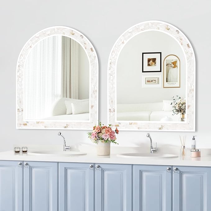 Tanmicoshomy White Arched Wall Mirror 30x36 Inches, Mosaic Bathroom Mirror with Shell Frame for Bathroom Living Room Bedroom or Entryway